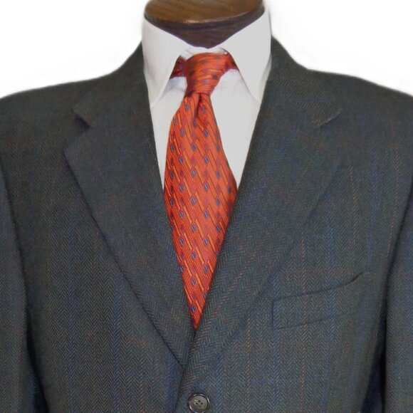 Zegna 45L Navy Green Wool Herringbone Blazer Sport Coat Orange Blue Check - Picture 1 of 6